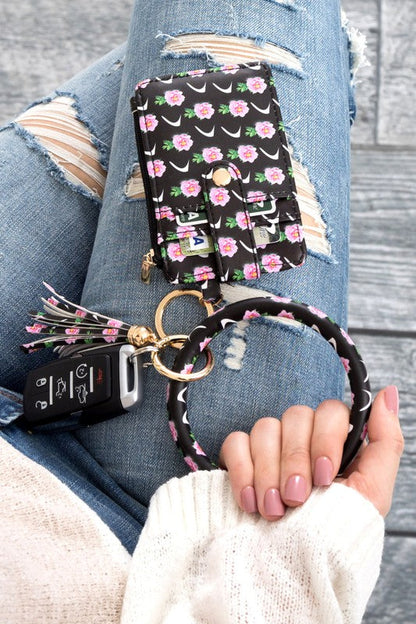 Key Ring Wallet Bracelet ID Zip Up Aili's Corner Black Floral OneSize 