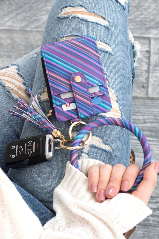 Key Ring Wallet Bracelet ID Zip Up Aili's Corner Grape Stripe OneSize 