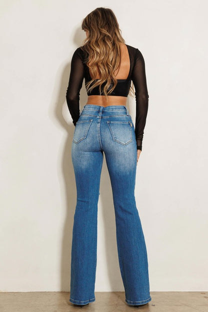 Take it Up High Rise Distressed Flare Jeans