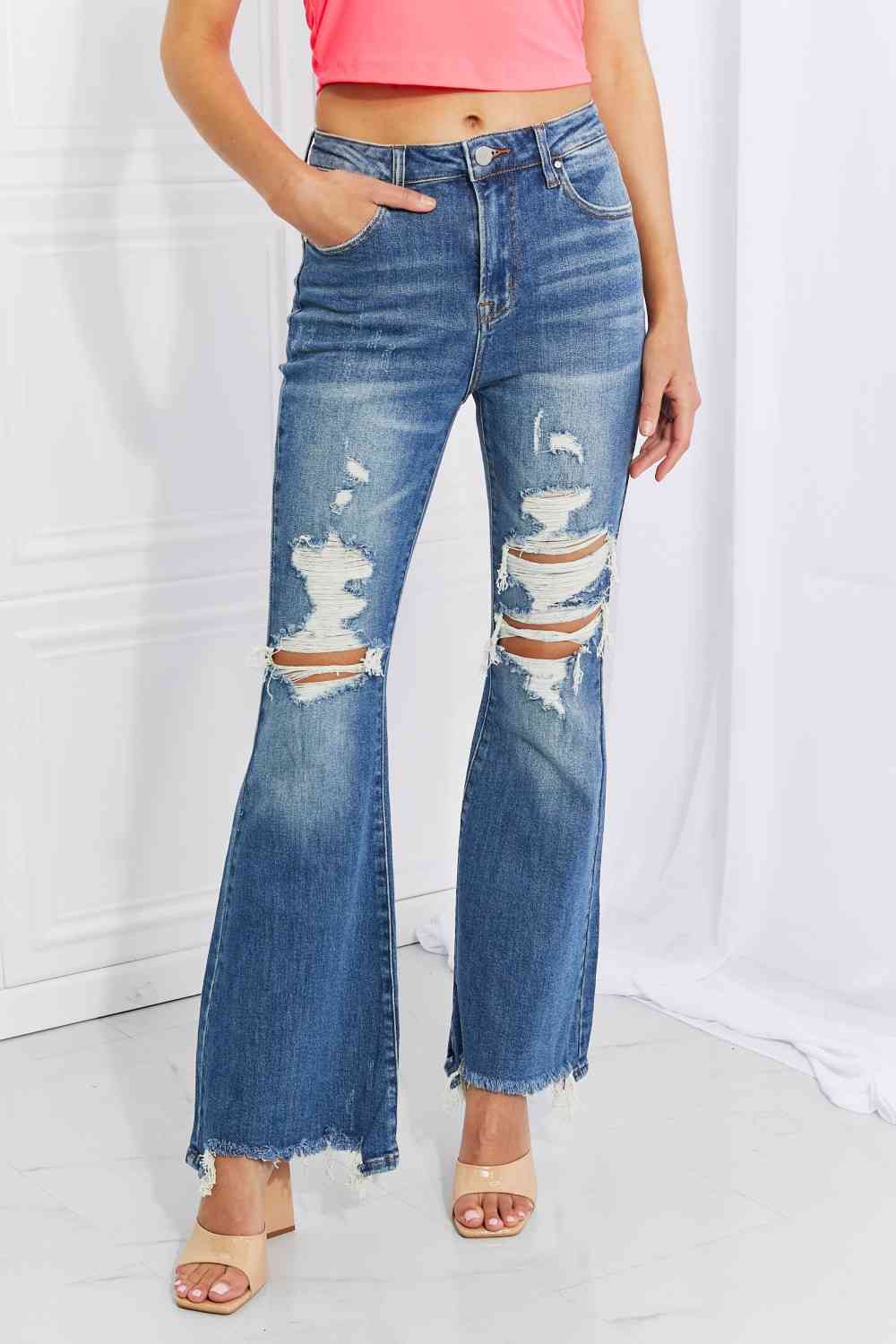 Tammy - RISEN Full Size Hazel High Rise Distressed Flare Jeans