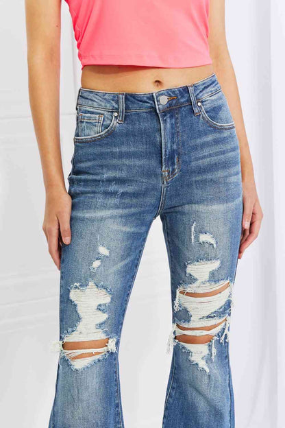 Tammy - RISEN Full Size Hazel High Rise Distressed Flare Jeans
