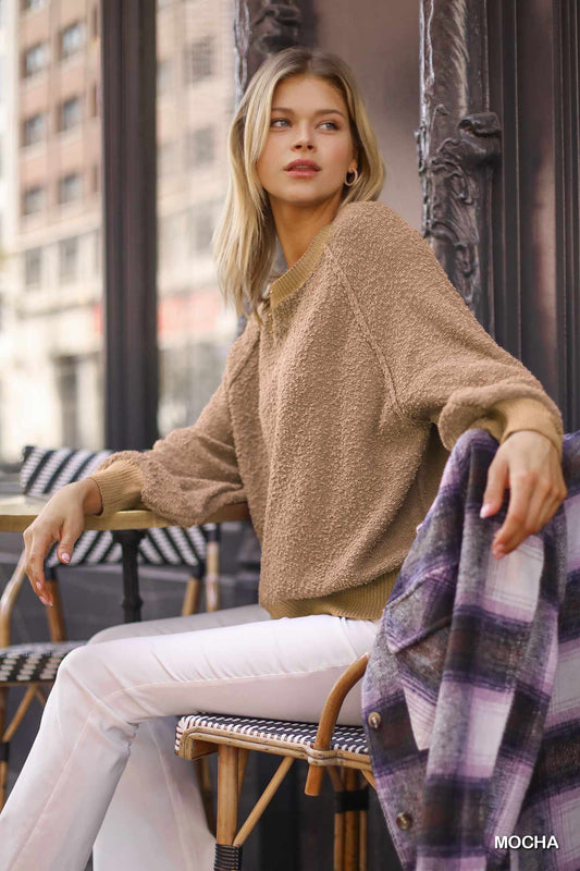 Keep It Simple Puff Sleeve Boat Neck Sweater