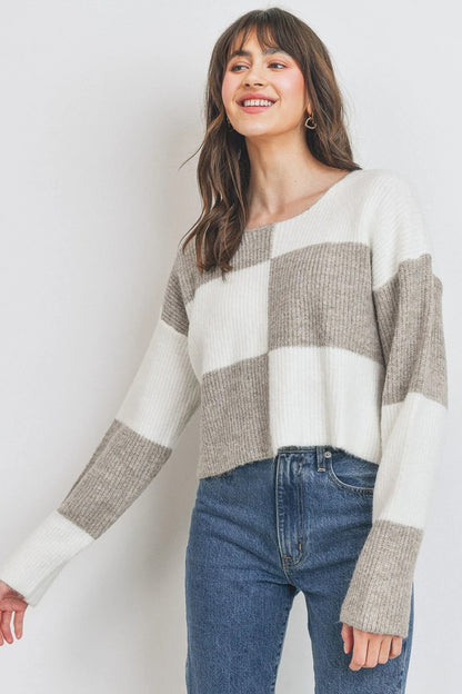 On Call Round Neck Color Block Long Sleeve Sweater