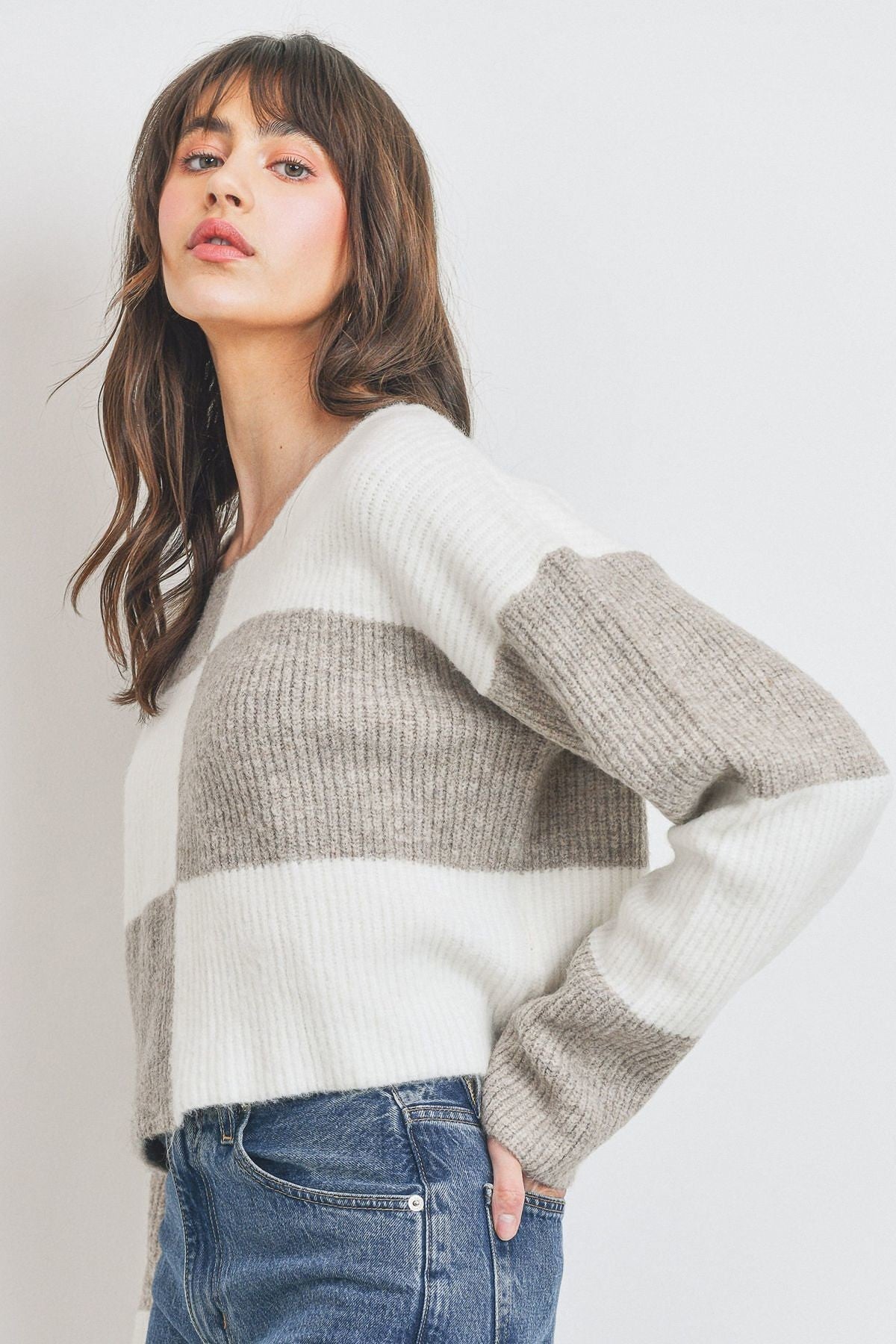 On Call Round Neck Color Block Long Sleeve Sweater