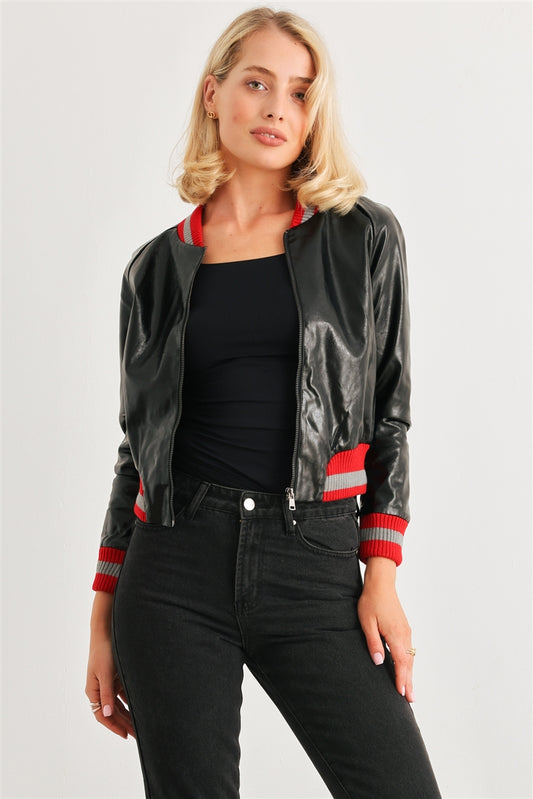 Peace Maker Black & Red Ribbed Vegan Leather Bomber Jacket