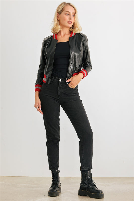 Peace Maker Black & Red Ribbed Vegan Leather Bomber Jacket