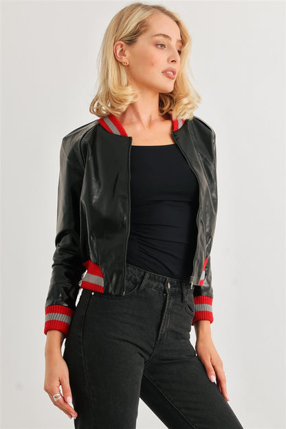 Peace Maker Black & Red Ribbed Vegan Leather Bomber Jacket