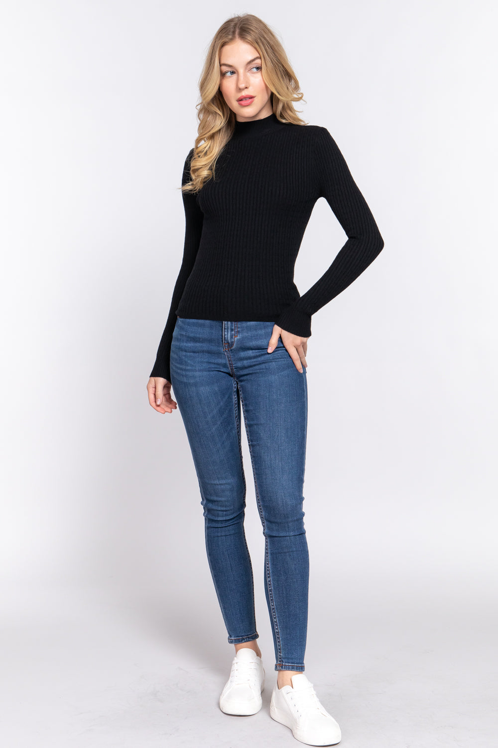 Back to Basic Long Slv Mock Neck Rib Sweater