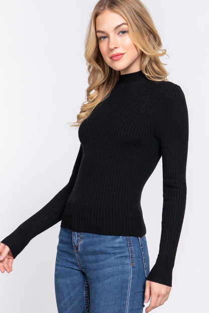 Back to Basic Long Slv Mock Neck Rib Sweater