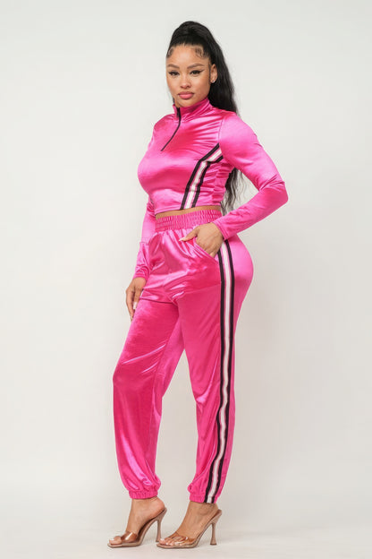 Amberly Front Zip Up Stripes Detail Jacket And Pants Set